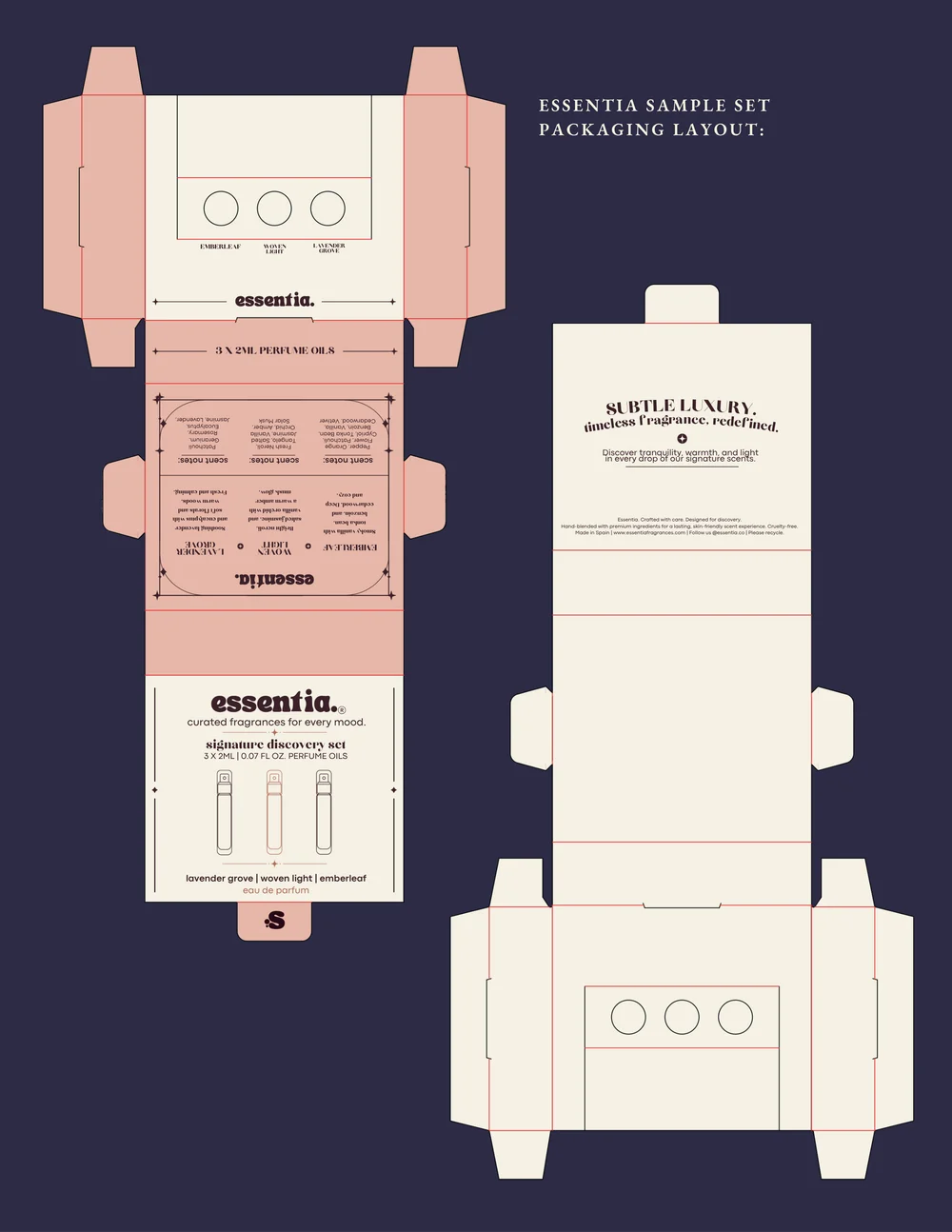 Essentia sample set packaging layout designed by AIA