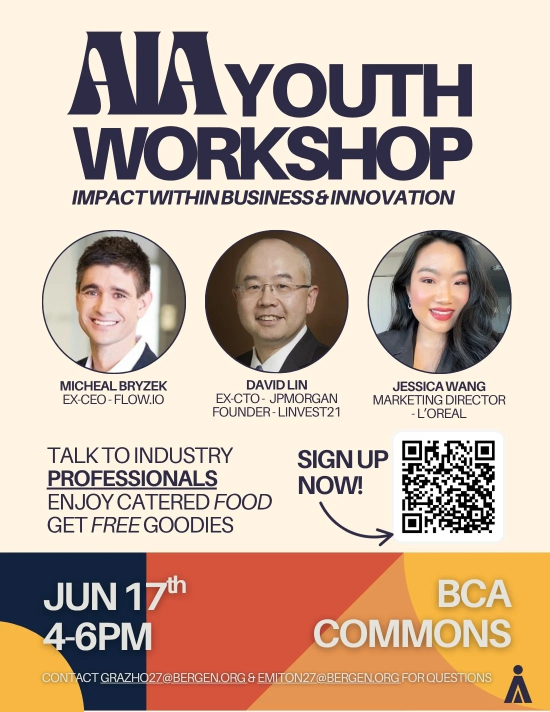 AIA Youth Workshop poster featuring Michael Bryzek, David Lin and Jessica Wang